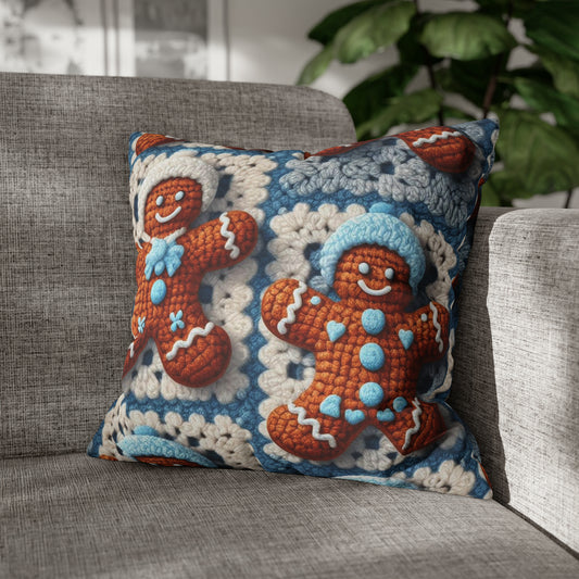 Winter Cheer: Charming Crocheted Gingerbread Christmas Friends Adorned with Snowy Hats and Sweet Smiles - Spun Polyester Square Pillow Case