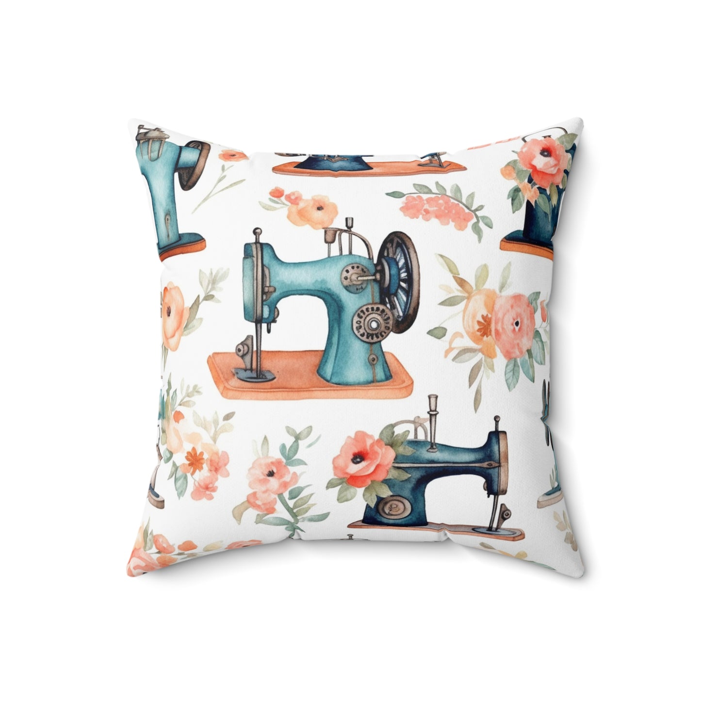 Watercolor Sewing Machines & Floral Bouquets: Antique Feminine Minimalist Styling - Spun Polyester Square Pillow