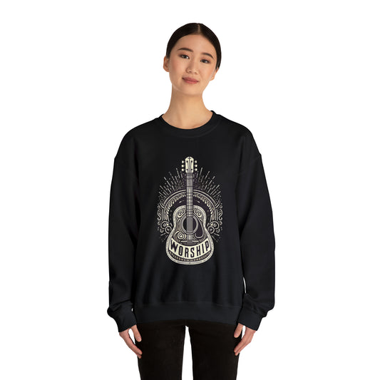 Worship Guitar - Psalm 95 Faith, Trendy Christian, Bible Verse, Religious - Unisex Heavy Blend™ Crewneck Sweatshirt