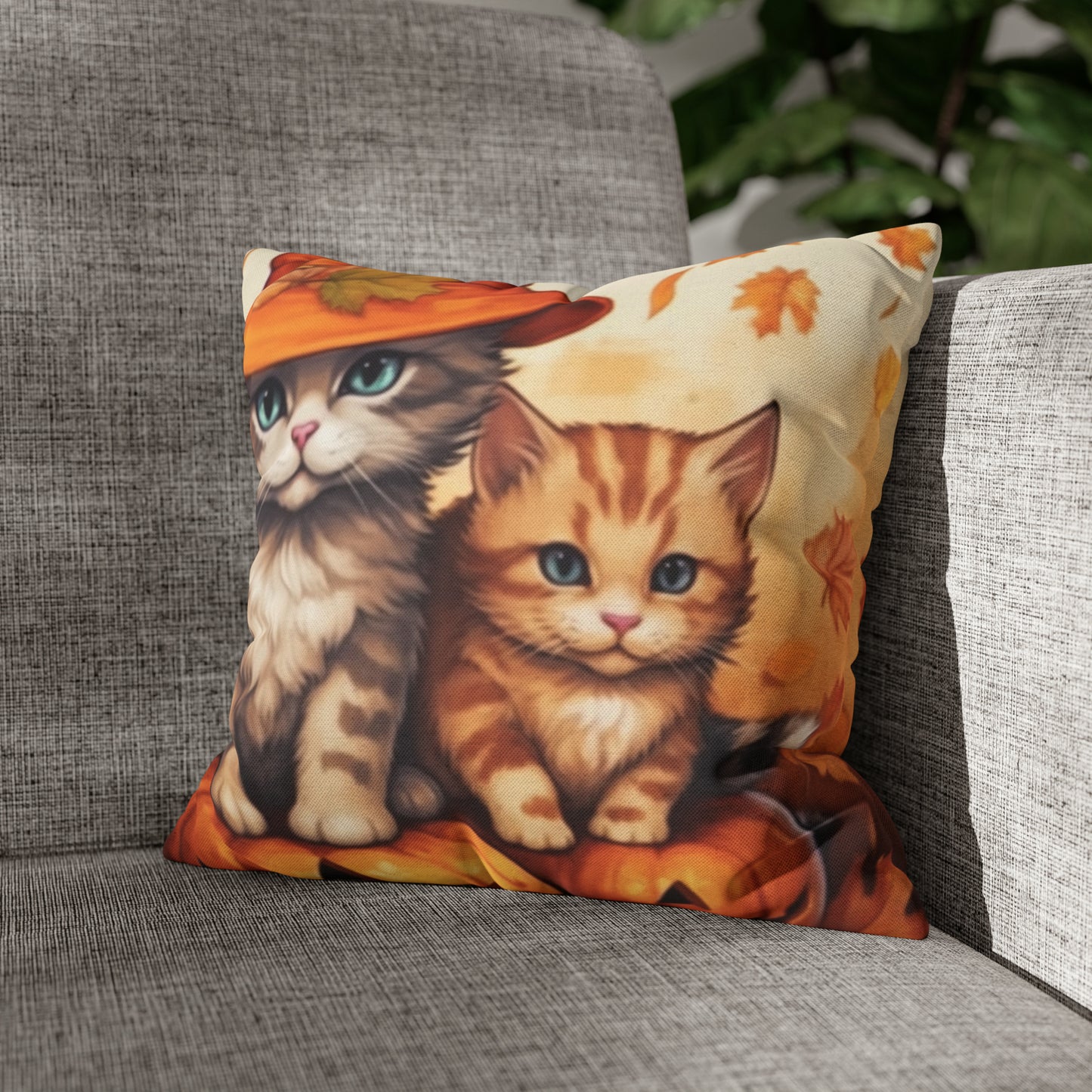 Kitty Cat Kittens Halloween - Cute Furries on Pumpkin - Festive Feline Decor - Spun Polyester Square Pillow Case