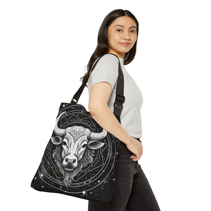 Taurus Zodiac Tote Bag, Black White Bull Design, 100% Spun Polyester, Adjustable Strap