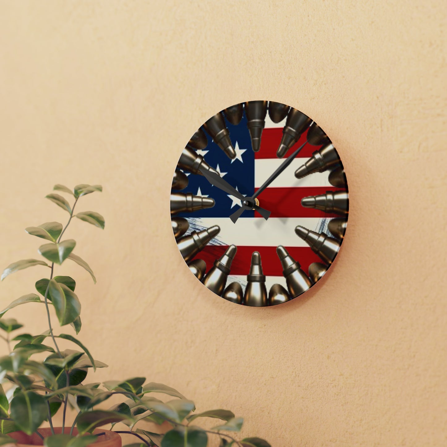 Freedom Rounds Acrylic Wall Clock - Faux Ammo Patriotic USA Flag Design, Americana Pride Decor, Stars & Stripes Homage Timepiece