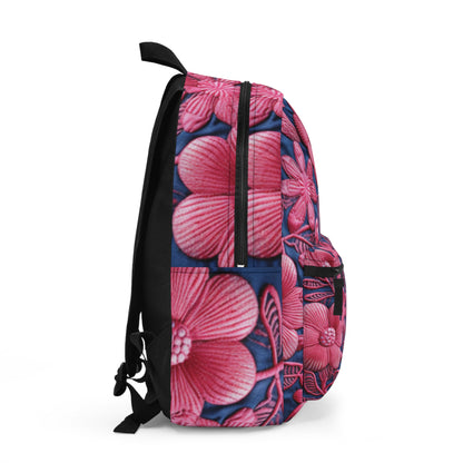 Denim Blue Doll Pink Floral Embroidery Style Fabric Flowers - Backpack