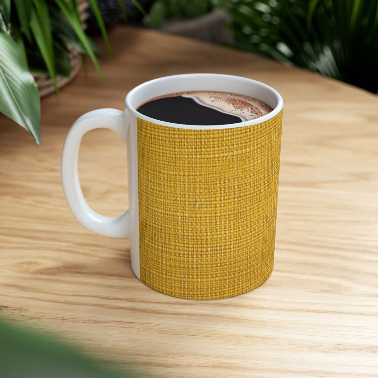 Radiant Sunny Yellow: Denim-Inspired Summer Fabric - Ceramic Mug 11oz