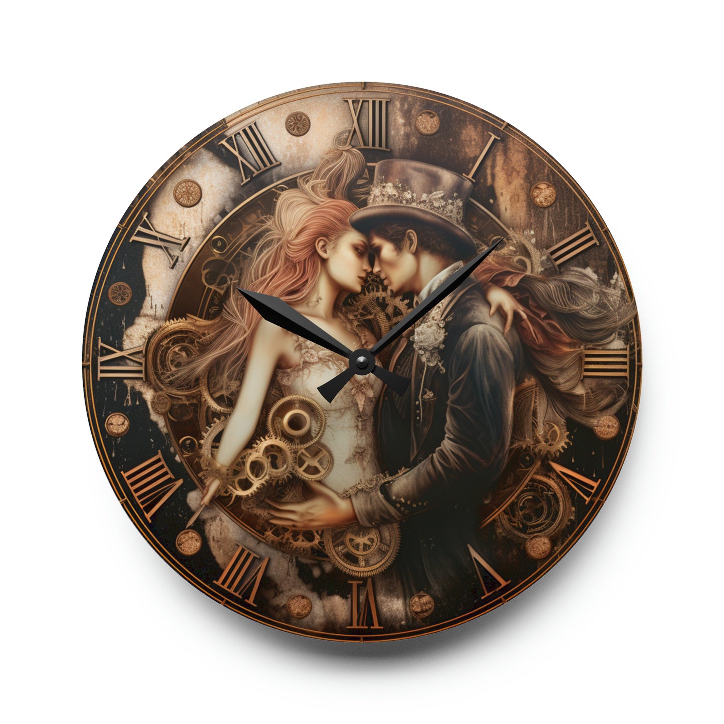 Diseño de amor de boda Steampunk, reloj de pared acrílico