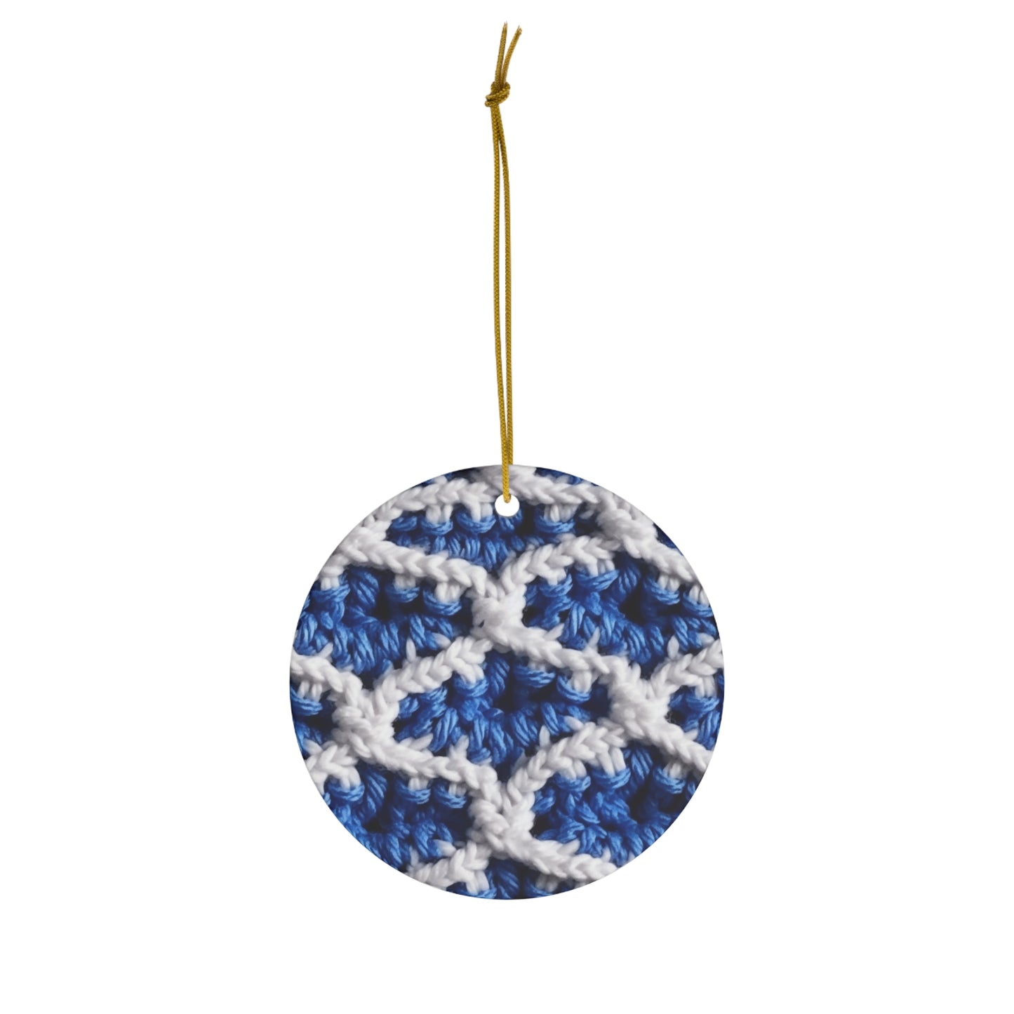 Blueberry Blue Crochet, White Accents, Classic Textured Pattern - Ceramic Ornament, 4 Shapes