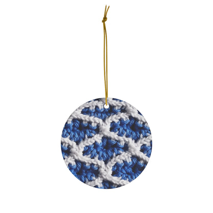 Blueberry Blue Crochet, White Accents, Classic Textured Pattern - Ceramic Ornament, 4 Shapes