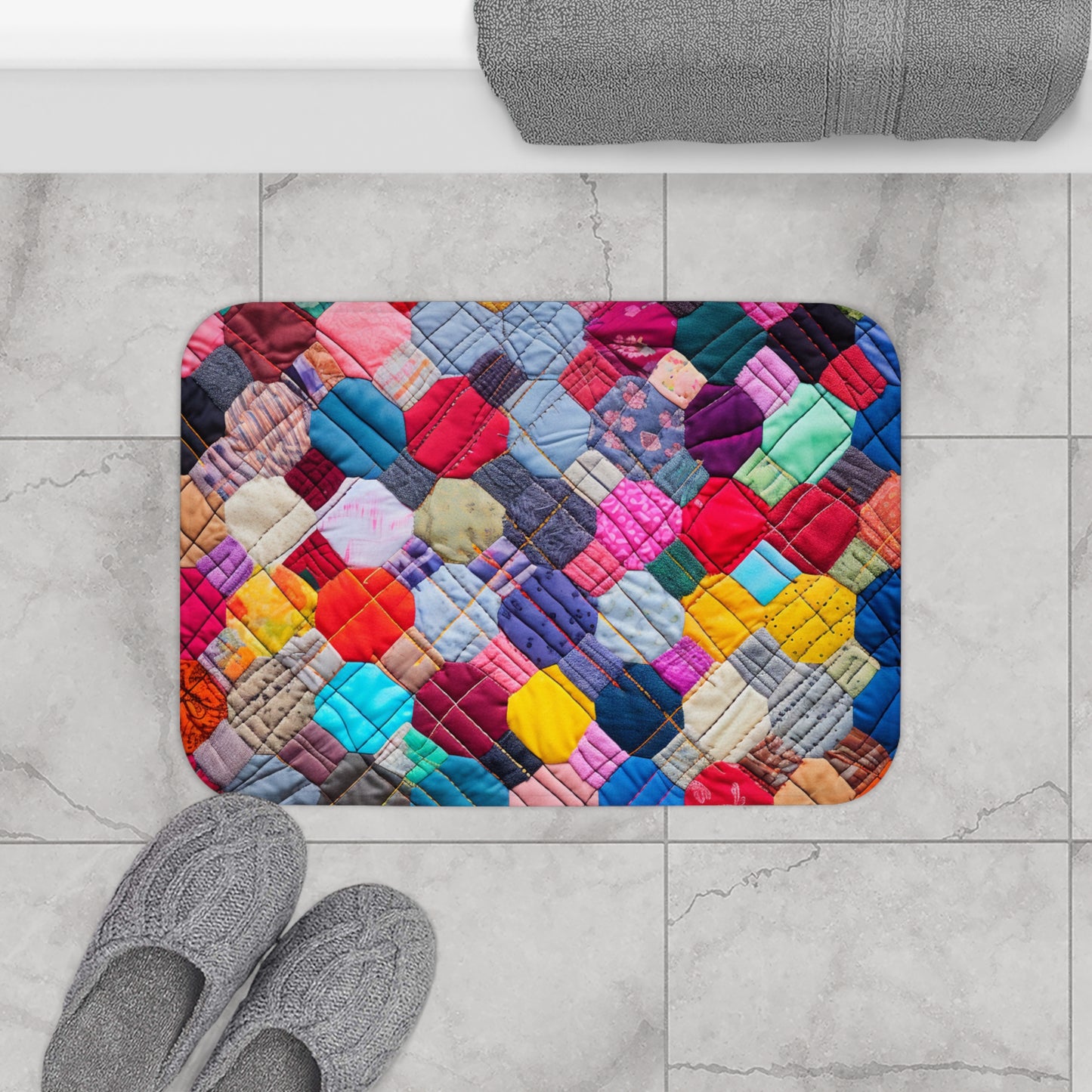 Colorful Patchwork Quilt, Multicolor Mosaic, Cozy Patchwork, Traditional Quilting Art, Eclectic Fabric Squares Design - Bath Mat