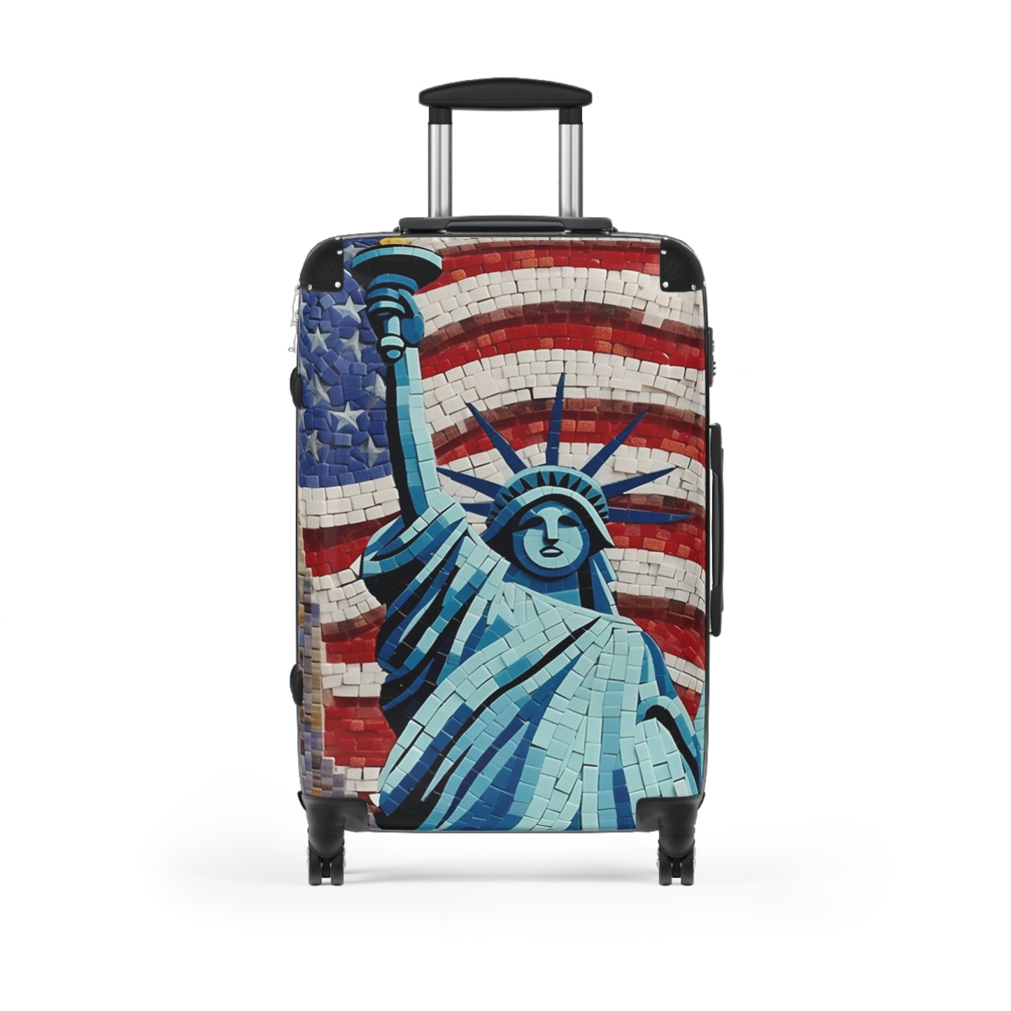 Patriotic Mosaic Artwork, Liberty Statue with Flag, Emblematic Freedom, Independence Day Mural, National Pride Abstract Tilework - Suitcase