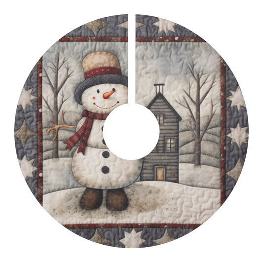 Christmas Cottagecore Snowman & Snowy House - Nostalgic Decor - Grandmillennial Festive Charm - Christmas Tree Skirts