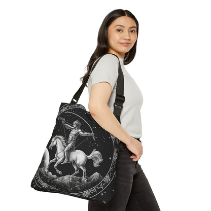 Sagittarius Zodiac Tote Bag, Black White Archer Design, 100% Spun Polyester, Adjustable Strap