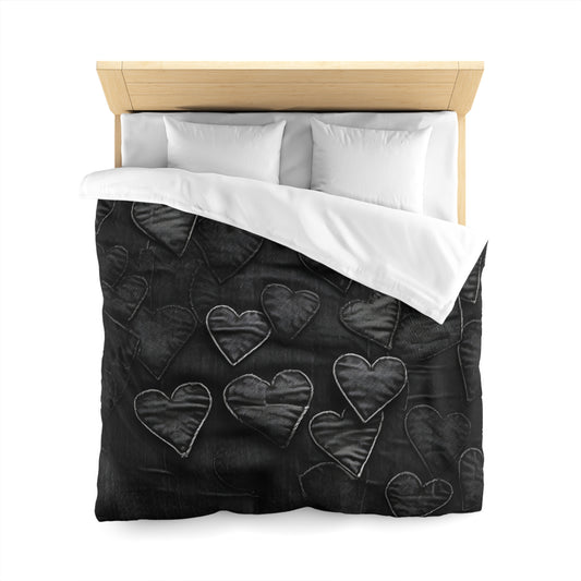 Black: Distressed Denim-Inspired Fabric Heart Embroidery Design - Microfiber Duvet Cover