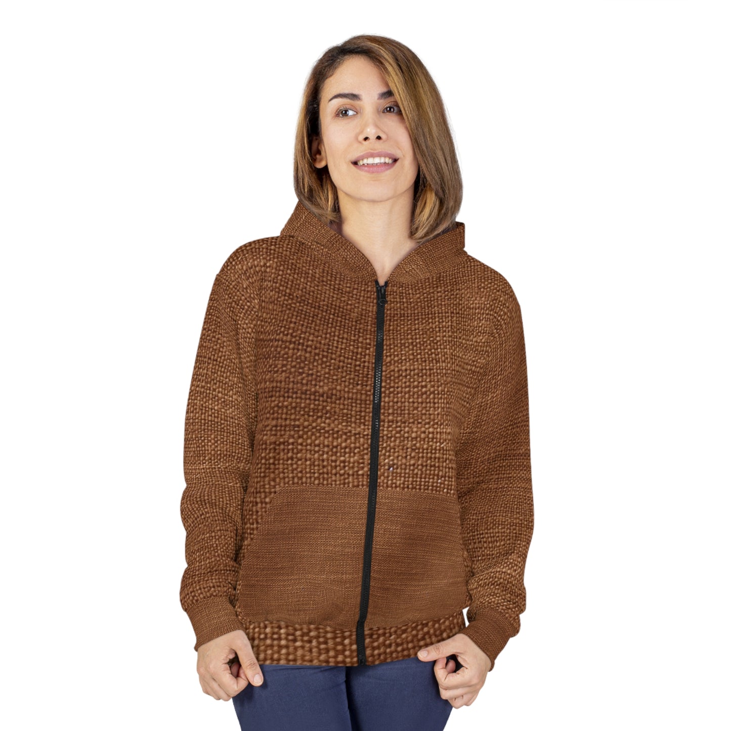 Luxe Dark Brown: Denim-Inspired, Distinctively Textured Fabric - Unisex Zip Hoodie (AOP)