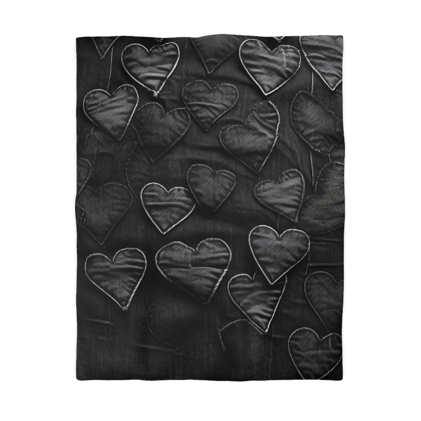 Black: Distressed Denim-Inspired Fabric Heart Embroidery Design - Microfiber Duvet Cover