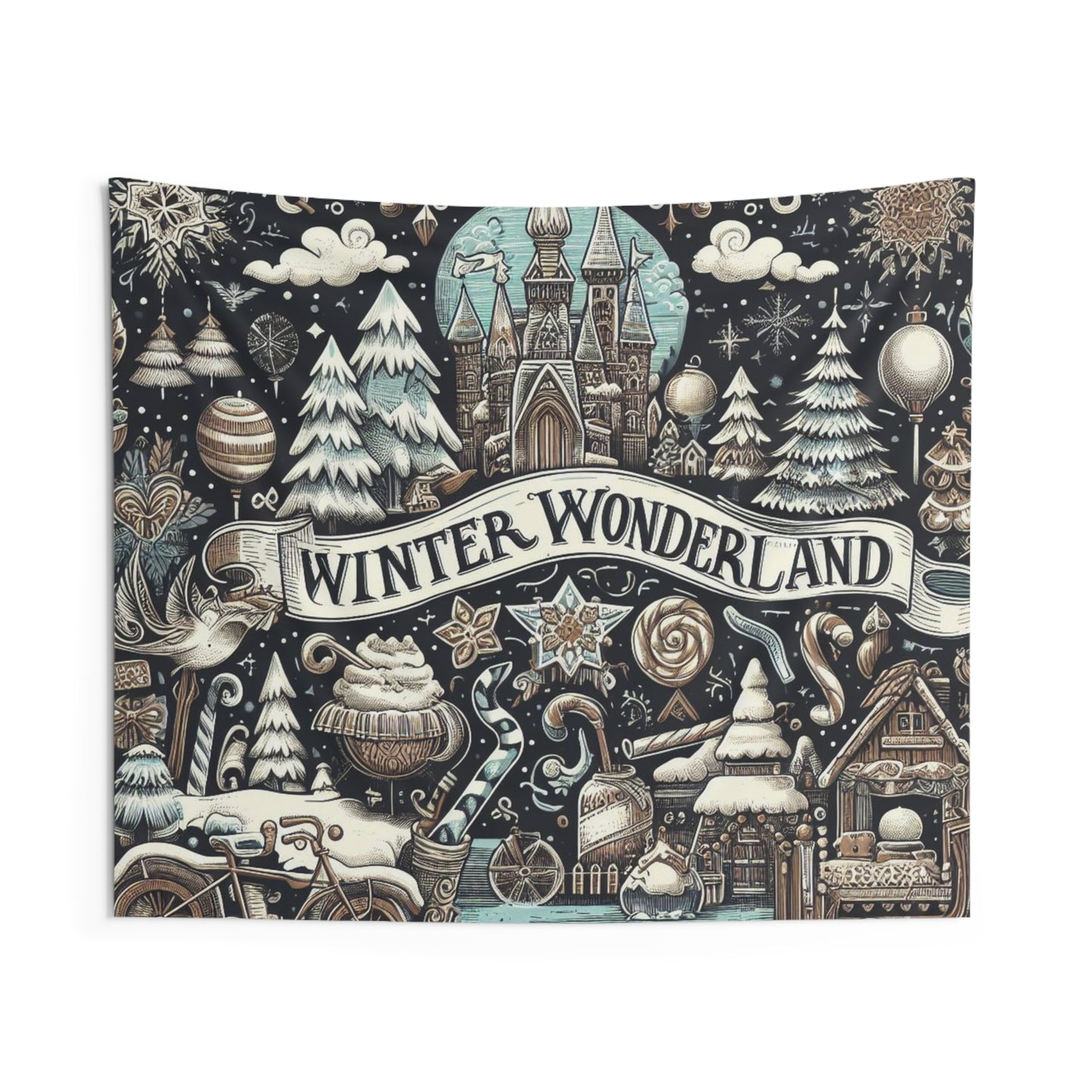 Winter Wonderland Enchantment: Nostalgic Christmas Snowscape with Majestic Castle and Festive - Indoor Wall Tapestries
