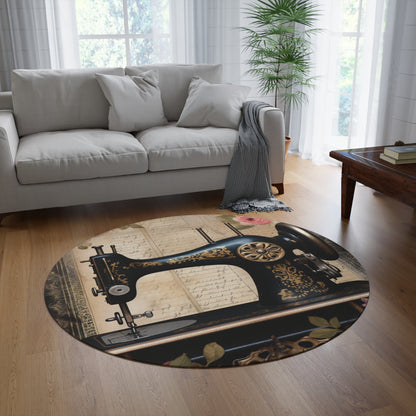 Gothic Black Sewing Machine with Golden Accents and Roses, Classic Tailoring - Round Rug