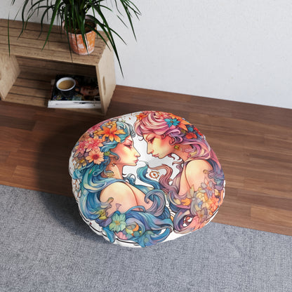 Imágenes Prediseñadas del Zodíaco Géminis - Símbolo de gemelos, estilo cómico caprichoso - Almohada de suelo capitoné, redonda