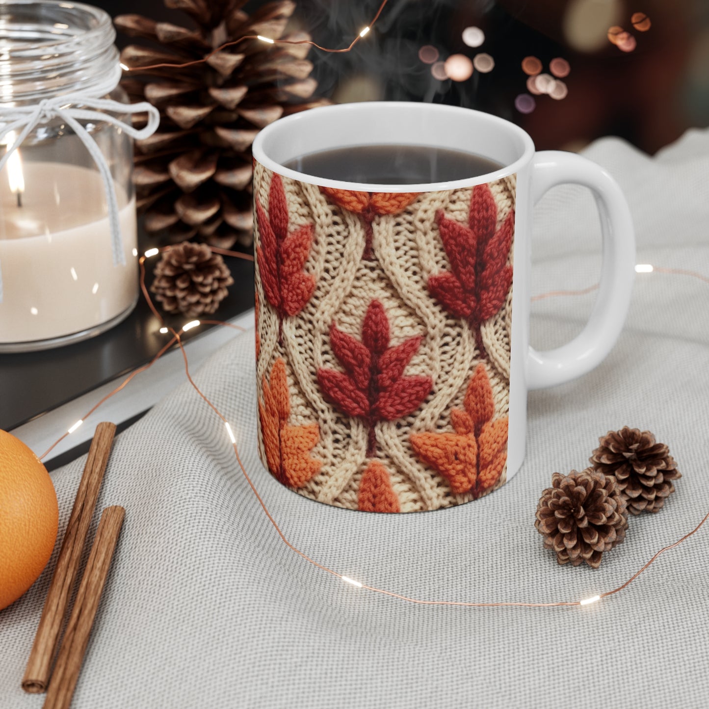 Crochet Fall Leaves: Harvest Rustic Design - Golden Browns -Woodland Maple Magic - Ceramic Mug 11oz