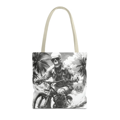 Biker Skeleton Wearing Sunglasses, Riding Sunset Boulevard in California Motorcycle, Tote Bag (AOP)