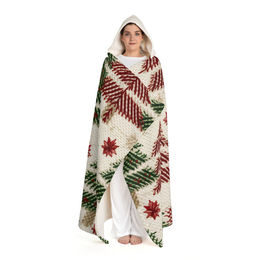 Embroidered Christmas Winter, Festive Holiday Stitching, Classic Seasonal Design - Hooded Sherpa Fleece Blanket