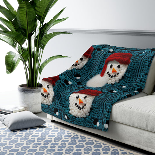 Snowman Crochet Craft, Festive Yuletide Cheer, Winter Wonderland - Sherpa Fleece Blanket
