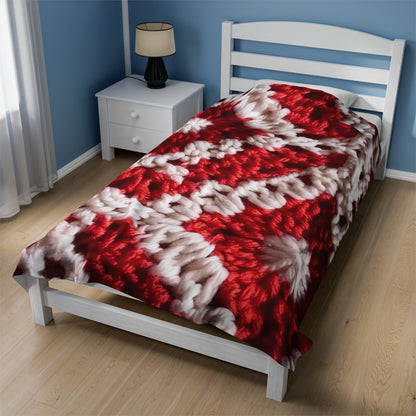 Warm Winter Red & White Crochet Knit: Cinematic Chic Texture Design - Velveteen Plush Blanket