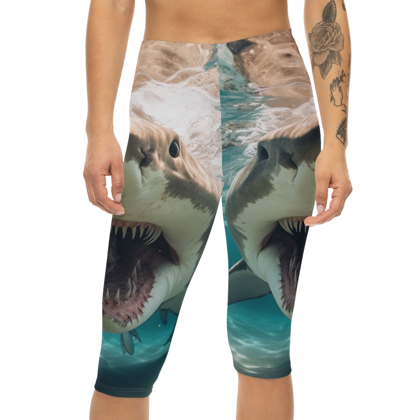 Bull Shark: River Monster Menace - Realistic Dark Water Predator - Women’s Capri Leggings (AOP)