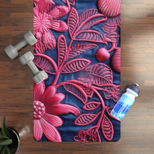 Denim Blue Doll Pink Floral Embroidery Style Fabric Flowers - Rubber Yoga Mat