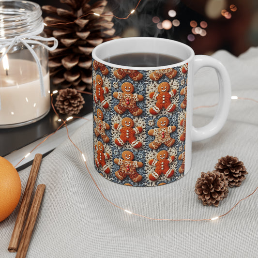 Gingerbread Joy: Whimsical Crocheted Gingerbread Men Pattern with Festive Christmas Accents - Ceramic Mug 11oz