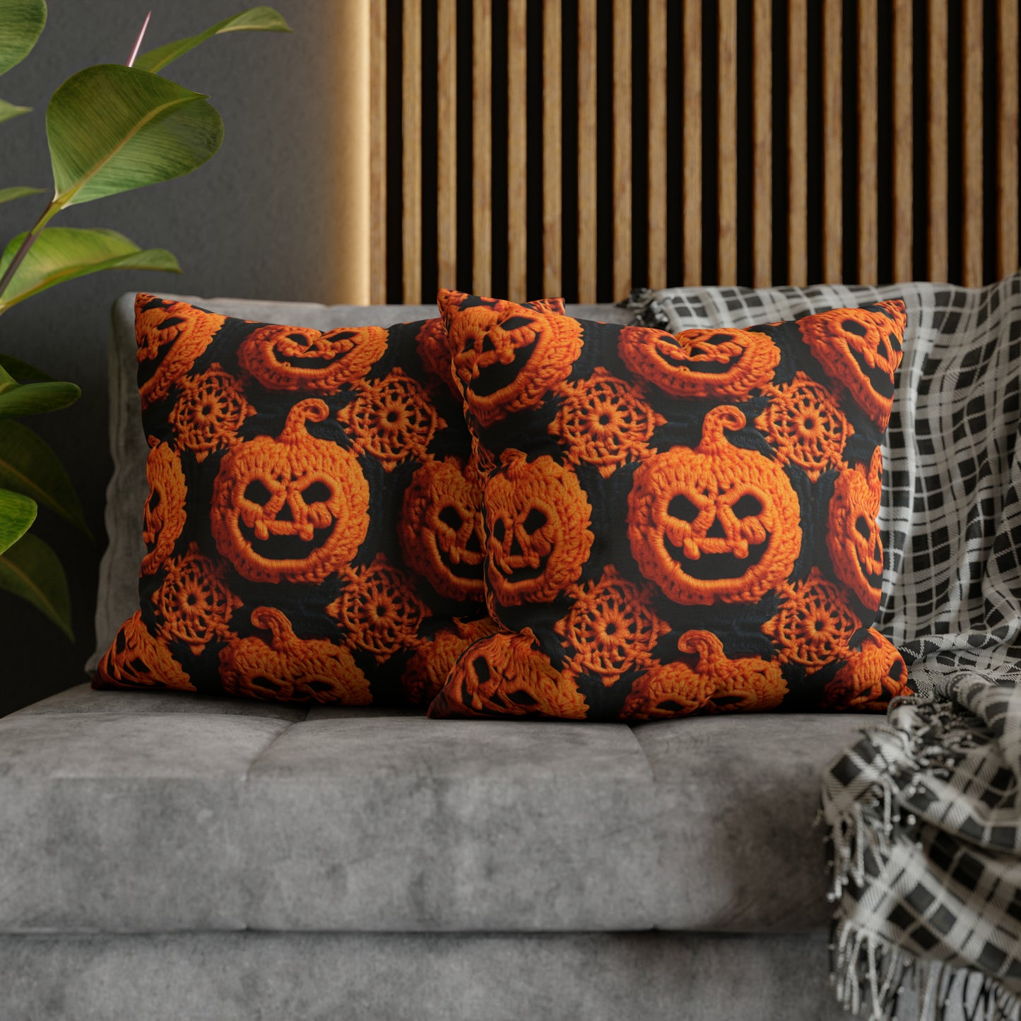 Halloween Crochet Pumpkin Scary Horror Festive Holiday Pattern - Spun Polyester Square Pillow Case