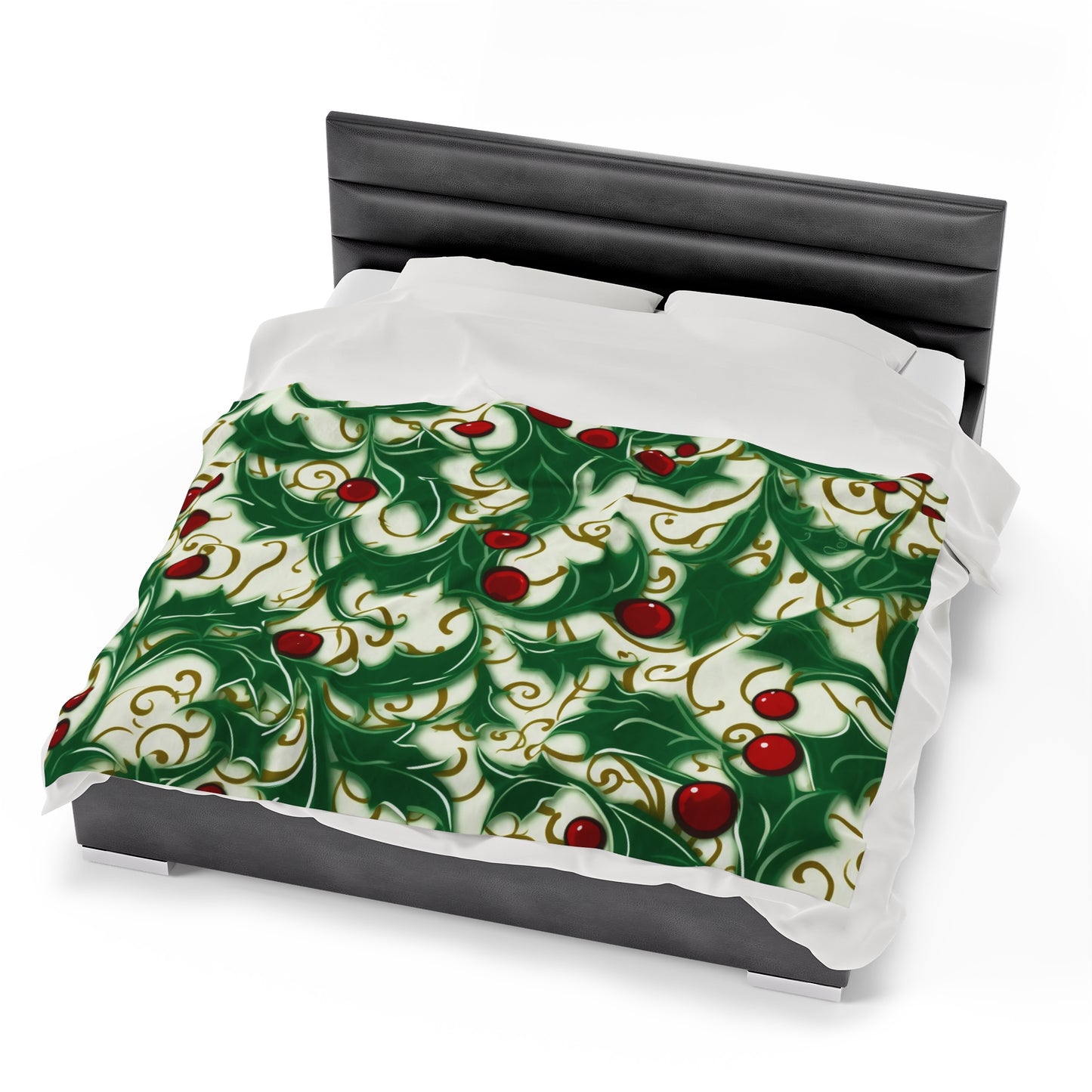 Holiday Elegance: Christmas Holly Swirls Design - Velveteen Plush Blanket