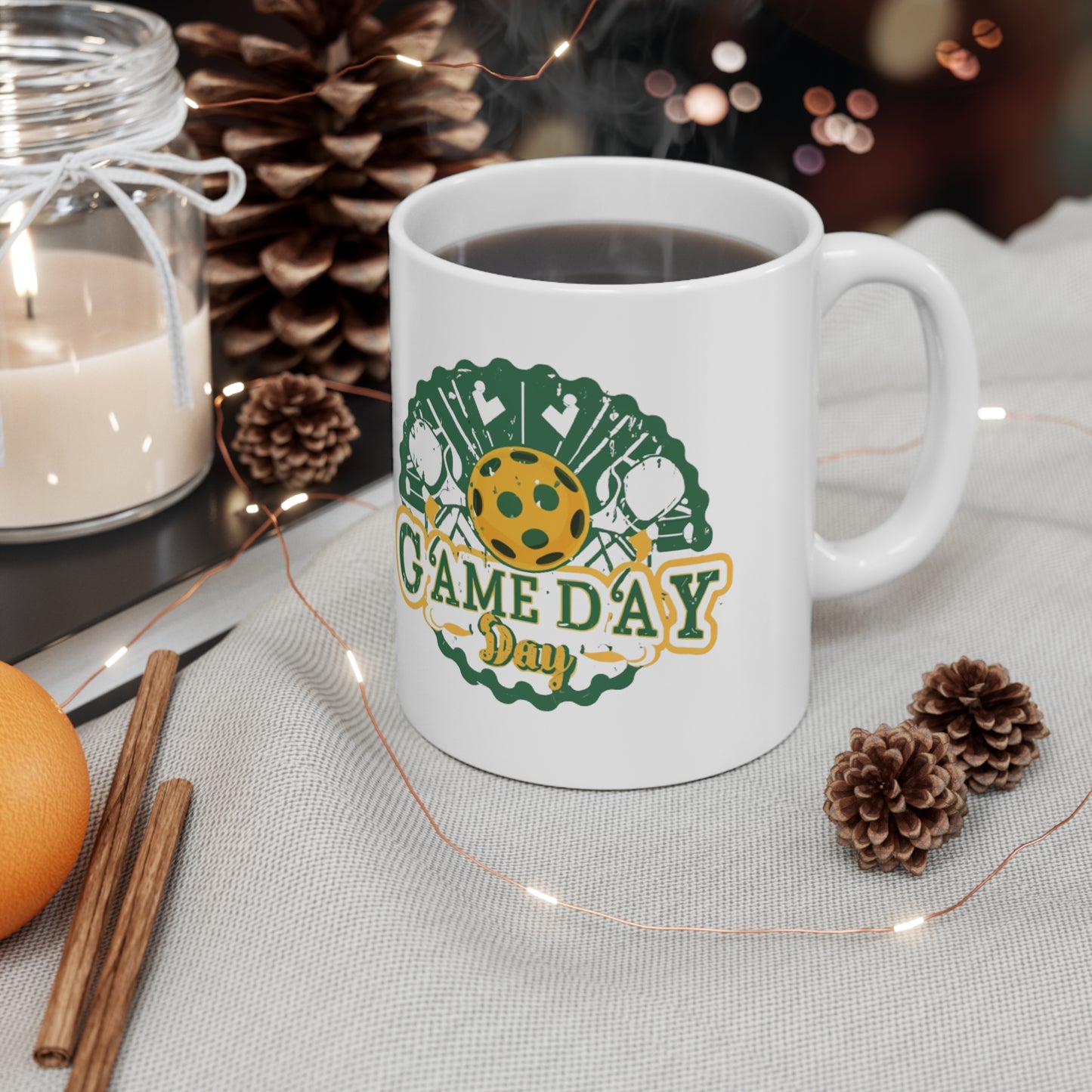 Game Day Badge with Pickleball Paddle and Ball, Grunge Texture - Ceramic Mug 11oz