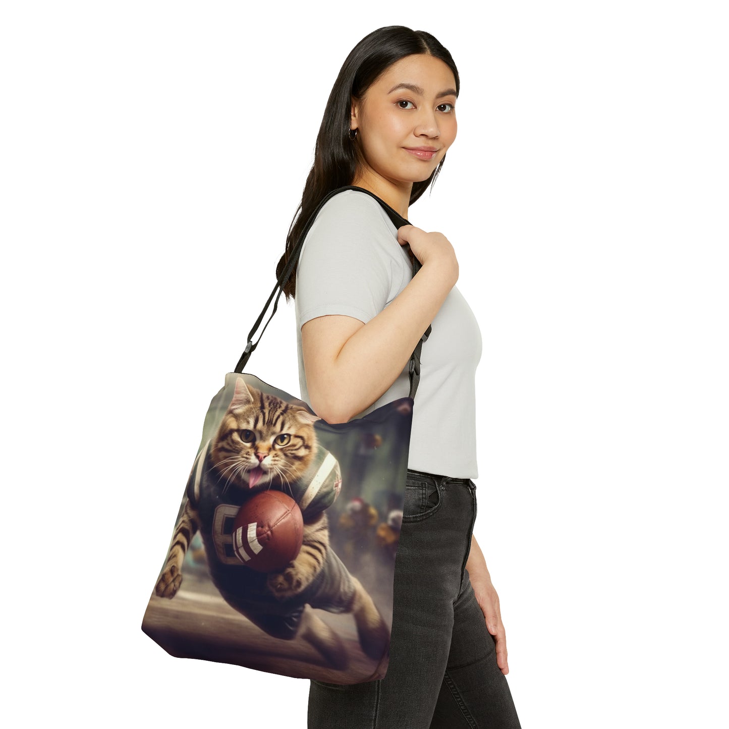 Football Field Felines: Kitty Cats in Sport Tackling Scoring Game Position - Adjustable Tote Bag (AOP)