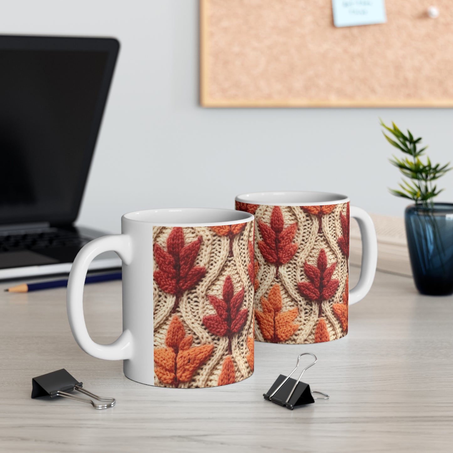 Crochet Fall Leaves: Harvest Rustic Design - Golden Browns -Woodland Maple Magic - Ceramic Mug 11oz