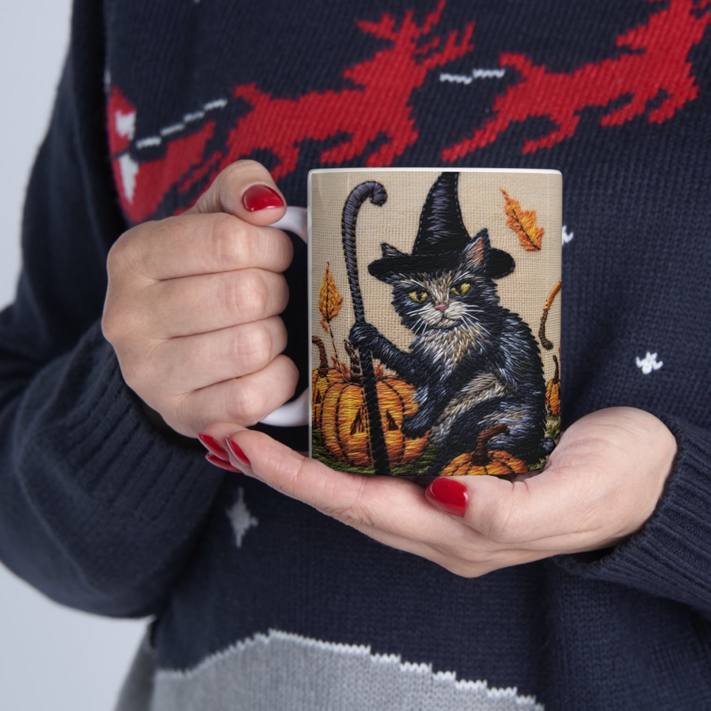 Halloween Cat Magic: Embroidered Style Feline with Pumpkins & Witch Hat - Ceramic Mug 11oz