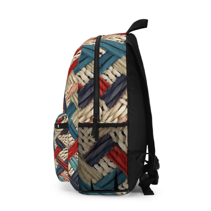 Colorful Yarn Knot: Denim-Inspired Fabric in Red, White, Light Blue - Backpack