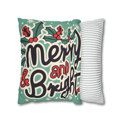 Merry and Bright Christmas Theme Holiday - Spun Polyester Square Pillow Case