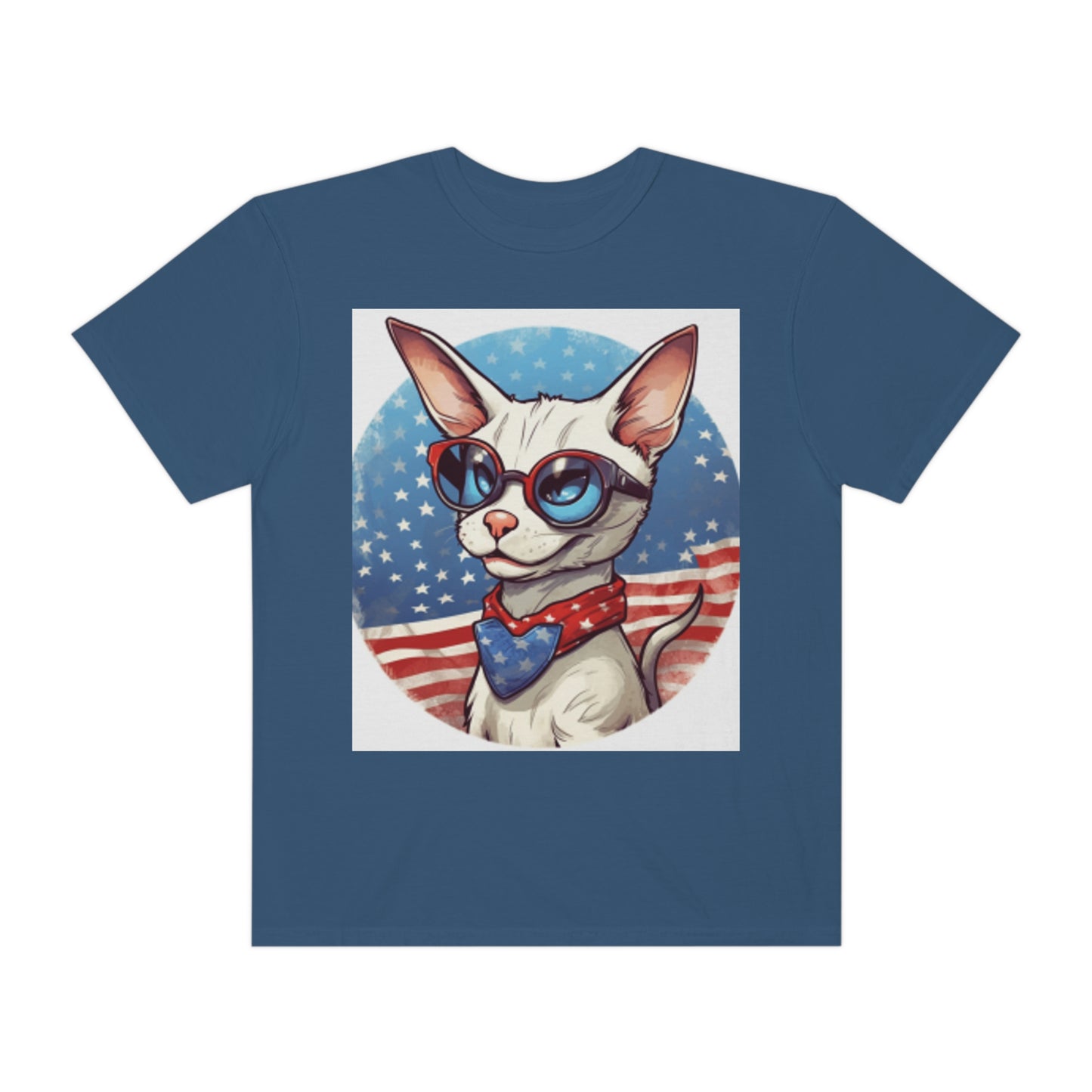 Dibujos animados patrióticos del gato siamés - Cara feliz, animación - Camiseta unisex teñida en prenda