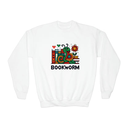 Bookworm Delight - Whimsical Book Lover Illustration, Colorful Reading Worm & Floral Books - Unique Reader's Gift - Youth Crewneck Sweatshirt