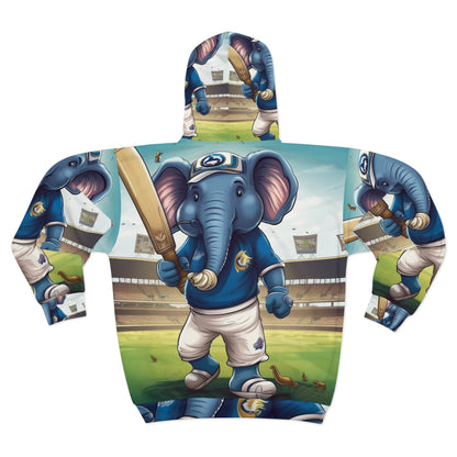 India Elephant Cricket Sport Star: Pitch, Run, Stump Game - Animated Charm - Unisex Zip Hoodie (AOP)