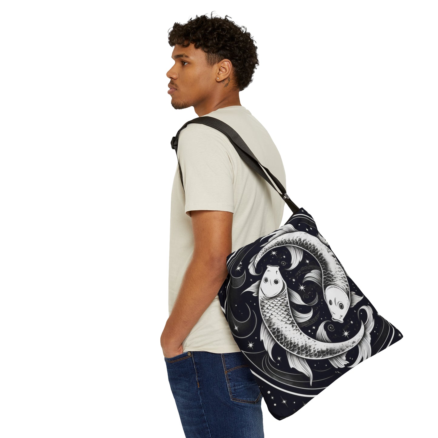 Bolso de mano del zodiaco Piscis, diseño de pez blanco y negro, 100% poliéster hilado, correa ajustable