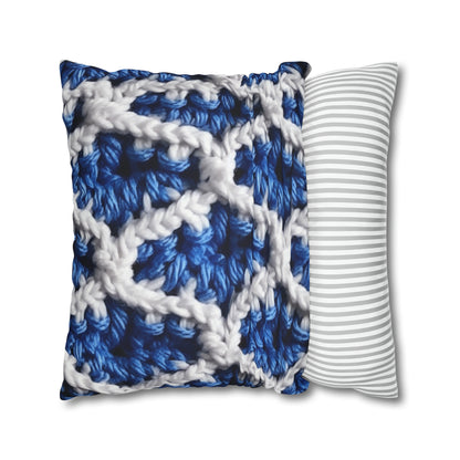 Blueberry Blue Crochet, White Accents, Classic Textured Pattern - Spun Polyester Square Pillow Case