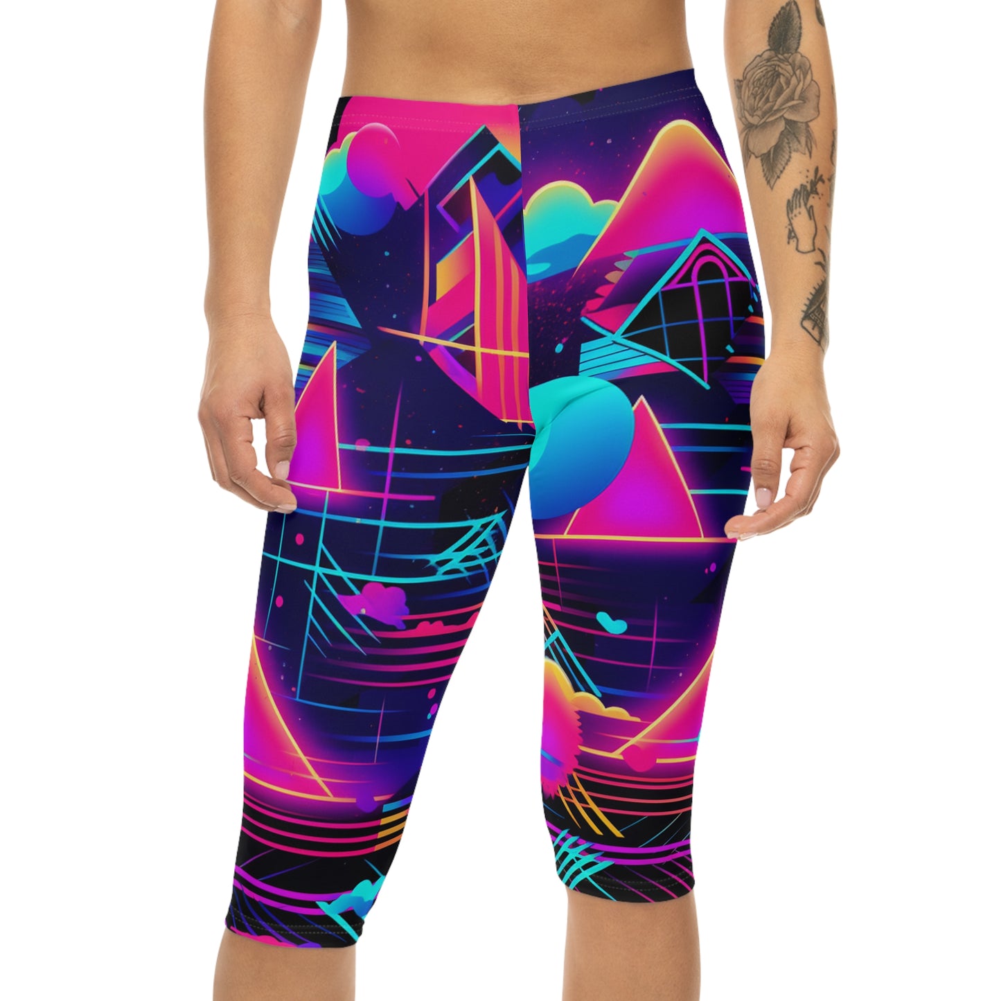 80s Synthwave Retro-Futuristic Inspired Pattern Design Women’s Capri Leggings (AOP)