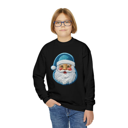 Christmas Santa Chenille - Embroidered Festive - Holiday Patch Design - Youth Crewneck Sweatshirt