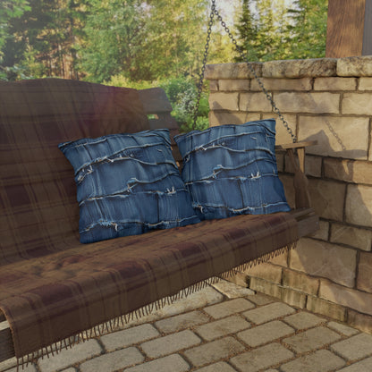 Midnight Blue Distressed Denim: Rugged, Torn & Stylish Design - Outdoor Pillows