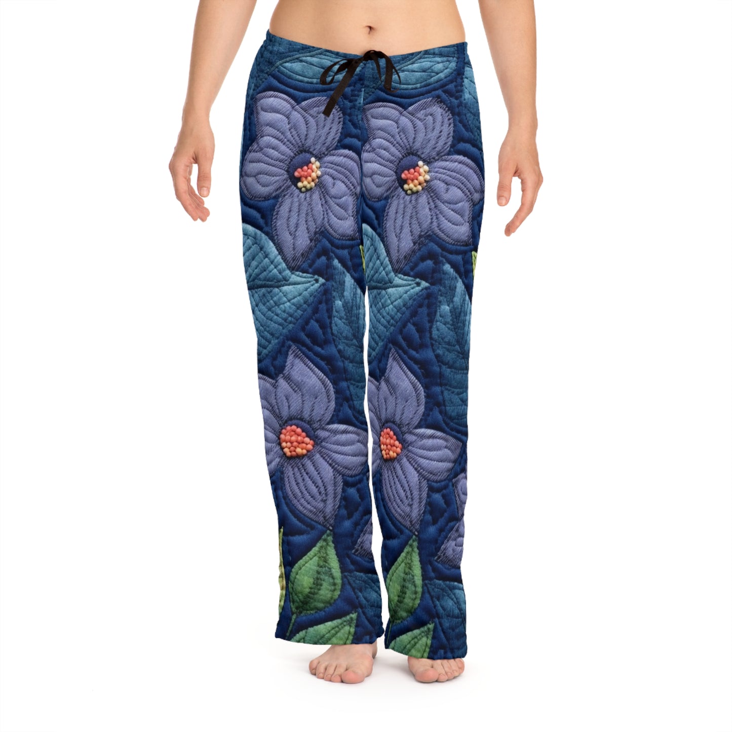 Floral Embroidery Blue: Denim-Inspired, Artisan-Crafted Flower Design - Women's Pajama Pants (AOP)