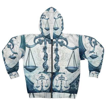 Blue Tones Libra Zodiac Cosmic Astro - Balance Scale & Symbols - Unisex Zip Hoodie (AOP)