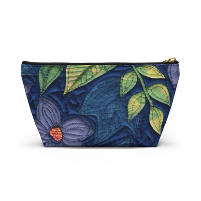 Floral Embroidery Blue: Denim-Inspired, Artisan-Crafted Flower Design - Accessory Pouch w T-bottom