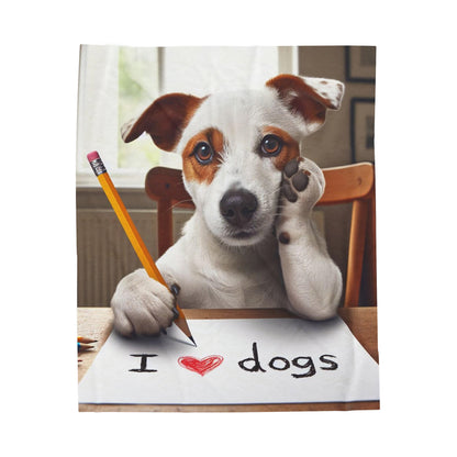 Adorable Dog Writing I Love Dogs, Cute Pet with Pencil Illustration, Animal Lover Artwork, Playful Canine - Velveteen Plush Blanket