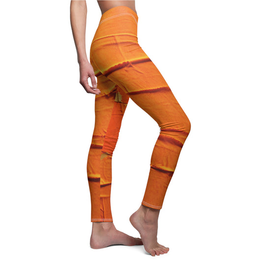 Fiery Citrus Orange: Edgy Distressed, Denim-Inspired Fabric - Women's Cut & Sew Casual Leggings (AOP)